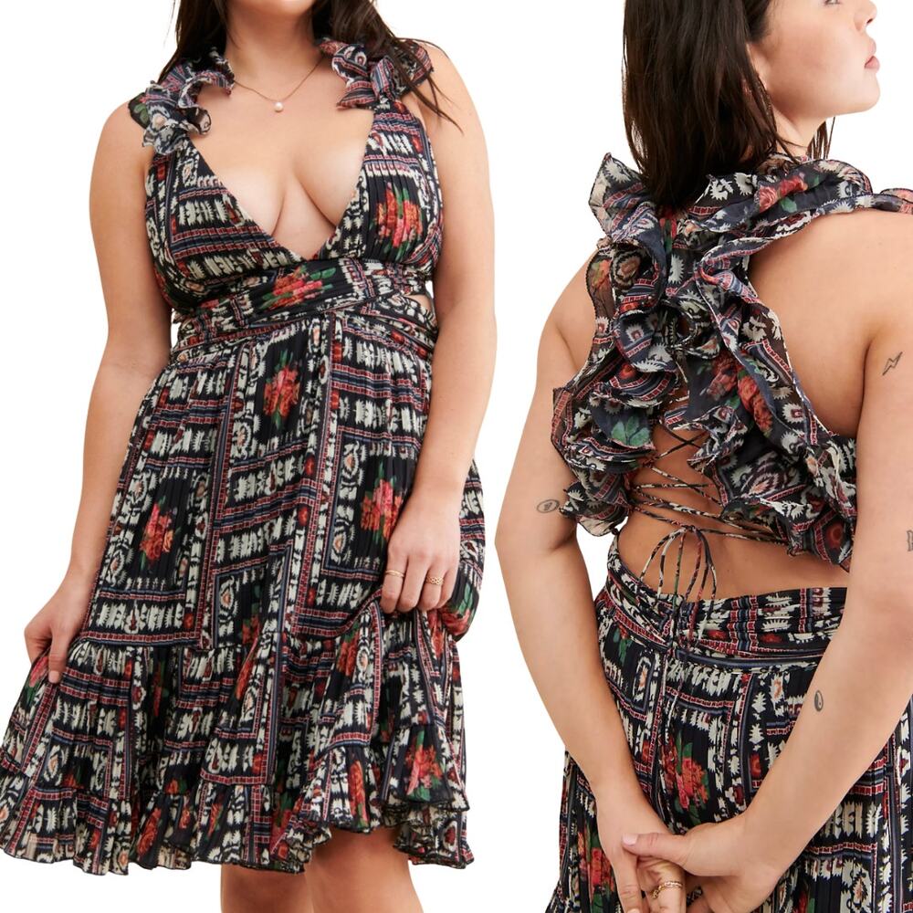 Free People NWT Let Me Be Megan Ruffle Lace Up Tie Back Dress Multicolor Sz M